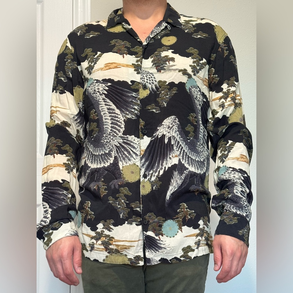 All Saints Black and Cream Crane Print Jacket